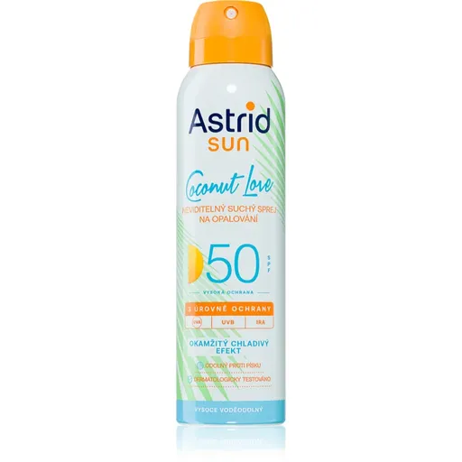 Astrid Sun Coconut Love chladivý neviditeľný sprej na opaľovanie SPF 50 s vysokou UV ochranou 150 ml