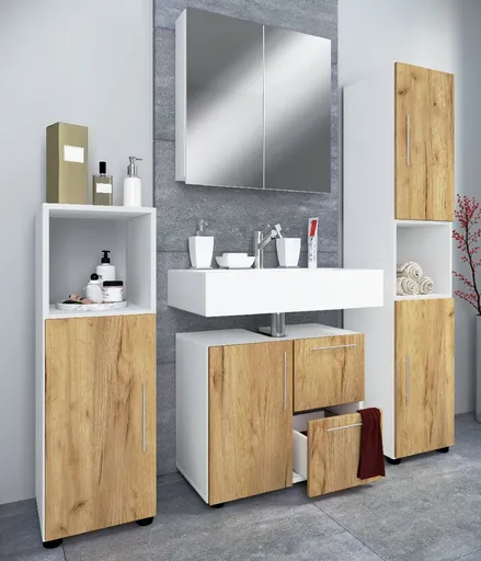 VCM 4dílná koupelnová sada „Flandu“ se zrcadlovkou, bílá