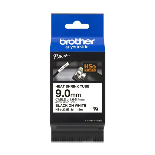 Brother HSe-221E Pro Tape, 9 mm x 1.5 m, čierna tlač / biely podklad, originálna páska