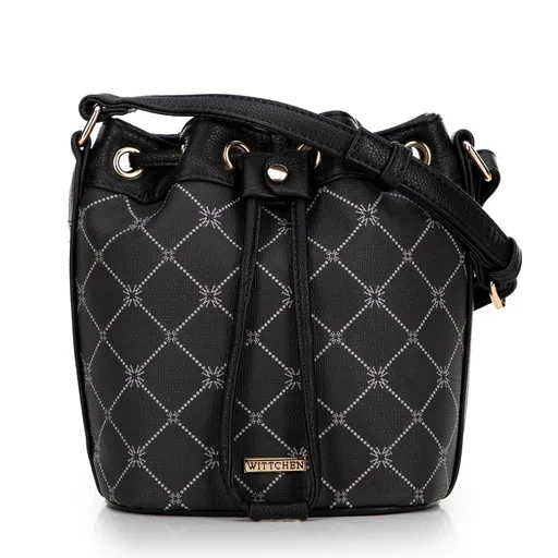 Torebka typu worek z ekoskóry w monogram czarna 99-4Y-504-1