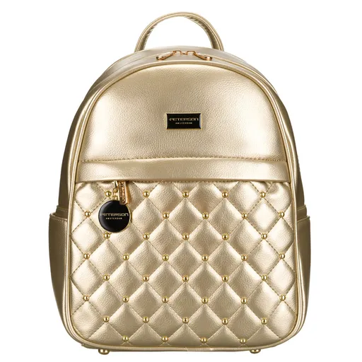 Zlatý prešívaný lesklý malý dámsky ruksak z ekologickej kože