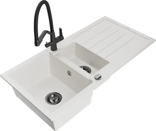 MEXEN/S MEXEN/S - Andres granitový drez s odkvapkávačom vrátane batérie Duo, biela 6515-20-671701-70-B