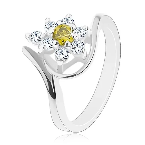 Prsteň striebornej farby, asymetrické konce ramien, zeleno-číry kvet - Veľkosť: 52 mm