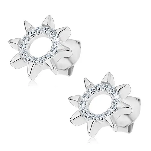 Náušnice zo striebra 925, kontúra slnka z čírych zirkónov, lesklé lúče, puzetky