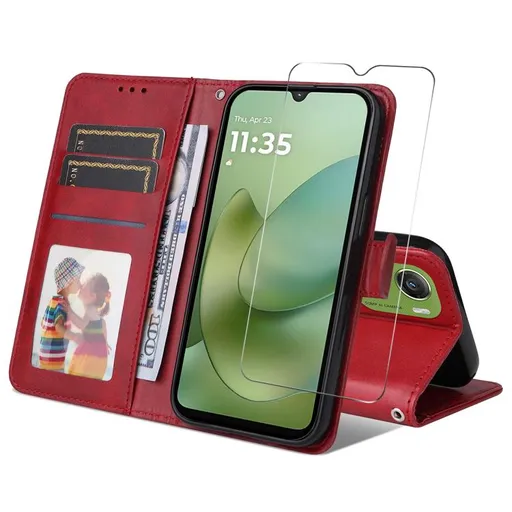 ENKAY PREMIUM SET Peňaženkové puzdro a ochranné sklo Motorola Moto G06 / G06 Power červené