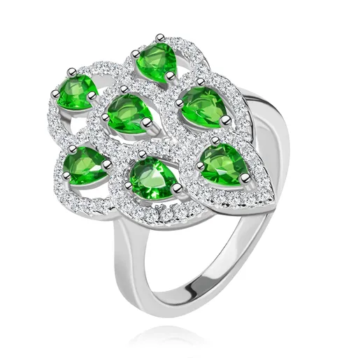 Prsteň zo striebra 925, ligotavý strapec zo zelených zirkónov s čírym lemom - Veľkosť: 49 mm