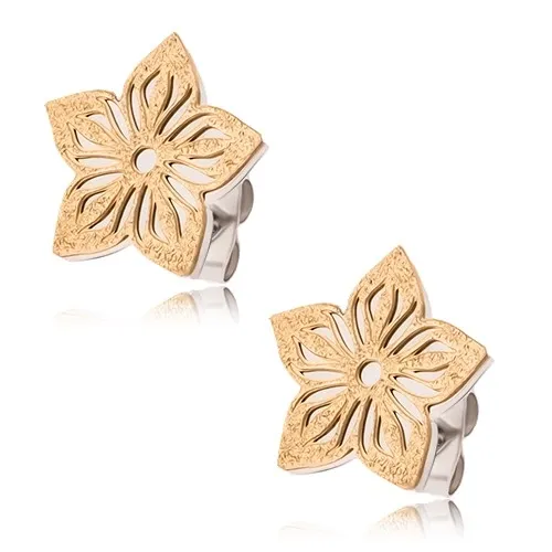 Dvojfarebné náušnice z ocele, pieskovaný vyrezávaný kvet