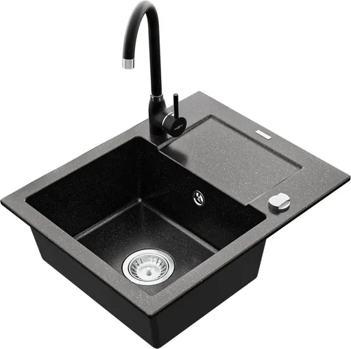 MEXEN/S MEXEN/S - Enzo granitový drez 1 s odkvapkávačom vrátane batérie Telma, čierna/strieborný 6506-73-670200-70