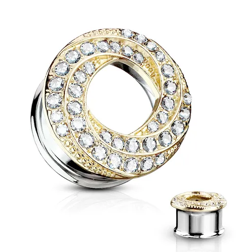 Plug z ocele do ucha - špirálovito stočená línia zlatej farby, číre zirkóniky - Hrúbka: 10 mm