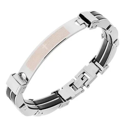 Náramok z ocele, strieborná farba, čierne gumené spoje, kríž, nápis