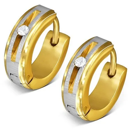 Oceľové náušnice zlatej farby - kruhy, saténový pás, okrúhly číry zirkón