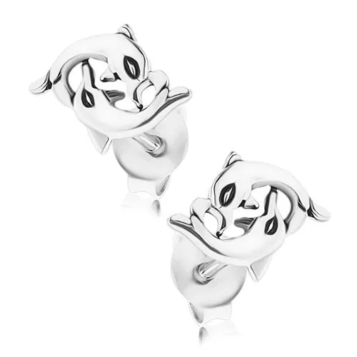 Strieborné náušnice 925, ohýbajúce sa delfíny, puzetové zapínanie