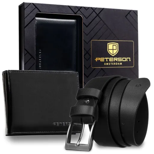 Pánsky darčekový set – kožená peňaženka RFID a čierny opasok z ekologickej kože skl.