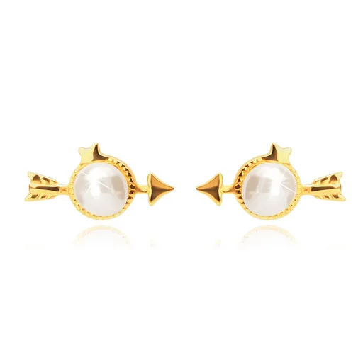 Zlaté 9K náušnice - Amorov šíp s perlovou guľočkou, hviezdičky, puzetky