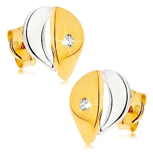 Zlaté náušnice 9K kvapka s čírym zirkónom v dvojfarebnom prevedení