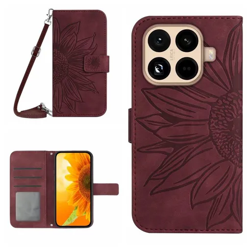 ART SUNFLOWER Peňaženkový kryt so šnúrkou pre Xiaomi 15T Pro bordový