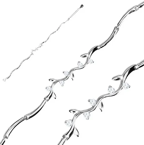 Náramok zo striebra 925, lesklé zvlnené články, číre ligotavé zirkóniky