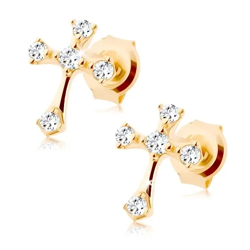 Náušnice žlté 9K zlato latinský kríž so zirkónmi