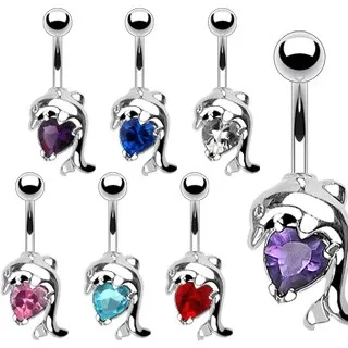 Oceľový piercing do pupku - delfín a zirkónové srdce - Farba zirkónu: Modrá - B