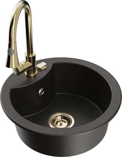 MEXEN/S MEXEN/S - Diego granitový drez 1-miska vrátane batérie Elia, čierna/zlatá metalik 6512-75-670101-50