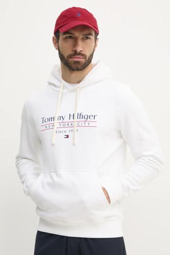 Bavlnená mikina Tommy Hilfiger pánska, biela farba, s kapucňou, s potlačou, MW0MW38672