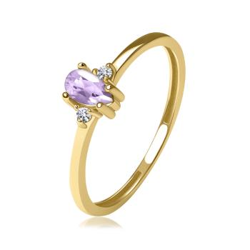 Prsteň zo žltého 14K zlata - dva číre brilianty, fialová ametystová slza - Veľkosť: 58 mm