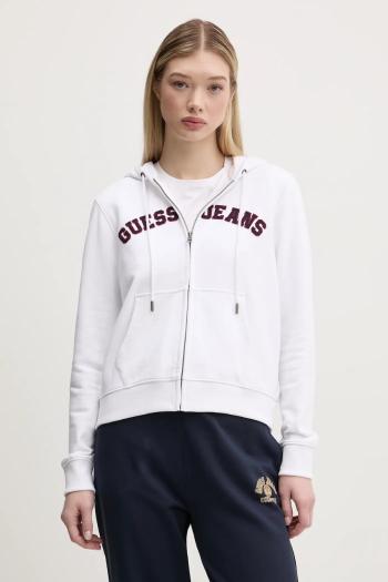 Bavlnená mikina Guess Jeans dámska, biela farba, s kapucňou, melanžová, W5RQ20 K68I4