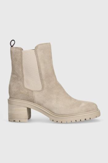 Semišové topánky chelsea Tommy Hilfiger ESSENTIAL MIDHEEL SUEDE BOOTIE dámske, béžová farba, na podpätku, FW0FW07522
