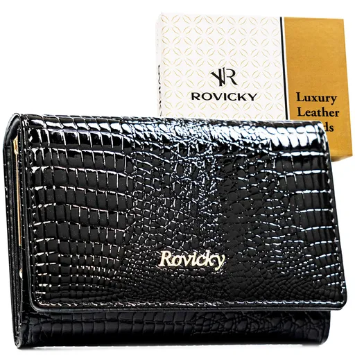 Stredná dámska kožená peňaženka v čiernej farbe s kovovým zapínaním na mince a RFID ochranou – Rovicky