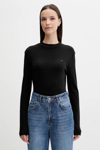 Bavlnené tričko s dlhým rukávom Tommy Hilfiger čierna farba, s polorolákom, WW0WW47307