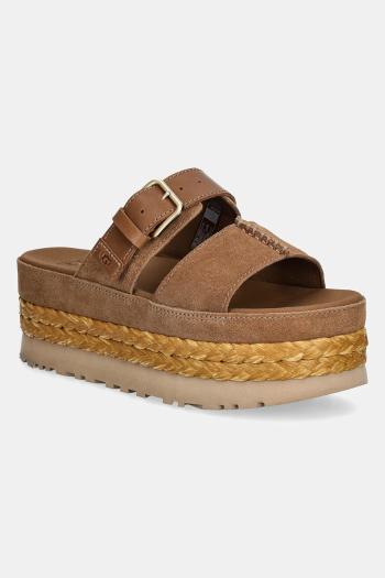 Kožené šľapky UGG Aubrey Slide dámske, hnedá farba, na platforme, 1167451-CHE