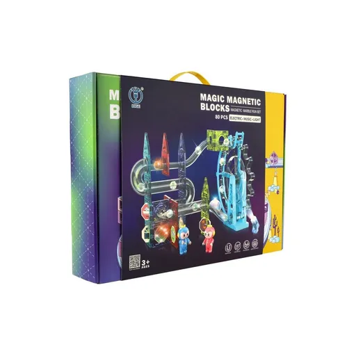 Guľôčková dráha magnetická, 80 ks, 16 guľôčok + doplnky, so svetlom