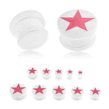 Plug do ucha, akryl bielej farby, ružová päťcípa hviezda, číra gumička - Hrúbka: 3 mm