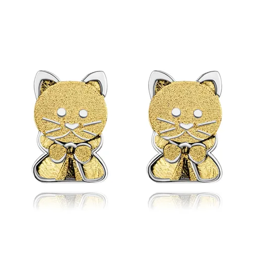 Zlaté náušnice 14K dvojfarebná mačka s mašľou