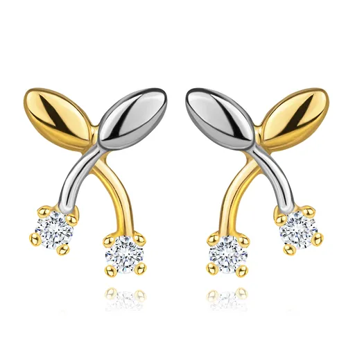 Náušnice z kombinovaného zlata 585 - čerešne, číre zirkóny, hladké listy