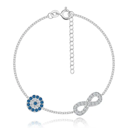 Strieborný 925 náramok - symbol nekonečna a kruh, číre a modré zirkóny
