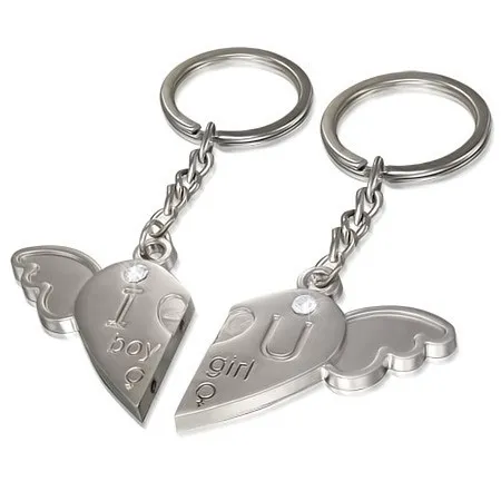 Kľúčenky pre pár - srdce s anjelským krídlom, jemne gravírovaný nápis, zirkóny