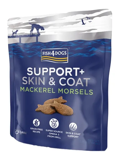 FISH4DOGS Maškrty na podporu srsti s kúskami makrely 225 g