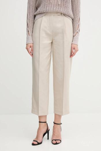 Nohavice s prímesou ľanu Tommy Hilfiger béžová farba, rovný strih, vysoký pás, WW0WW45461