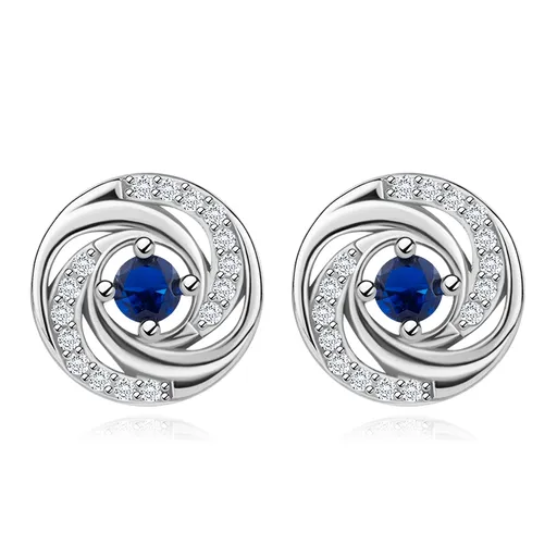 Strieborné 925 náušnice - kruh s modrým zirkónom, hladké a zirkónové ramená