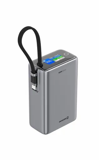 SWISSTEN POWER BANK CESTOVNÉ 25000 mAh (96.25Wh) 100W S INTEGROVANÝM KÁBLOM USB-C ŠEDÁ