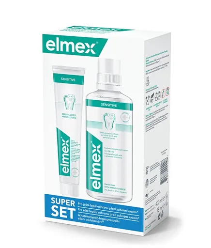 Elmex ústná voda 400 ml + zubná pasta sensitive 75 ml darčeková sada