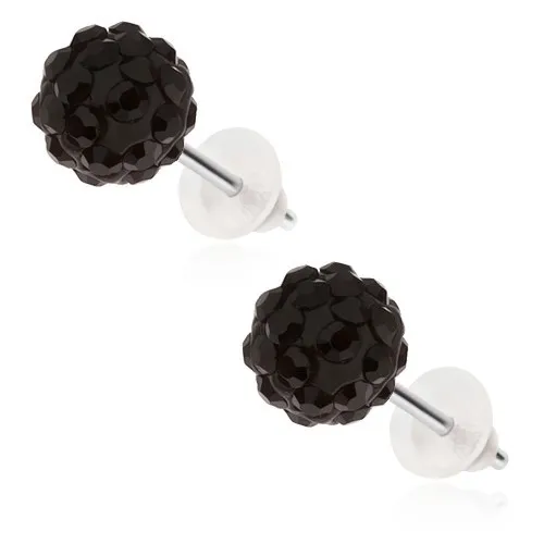 Náušnice z chirurgickej ocele - čierne Shamballa guličky so zirkónmi, 8 mm