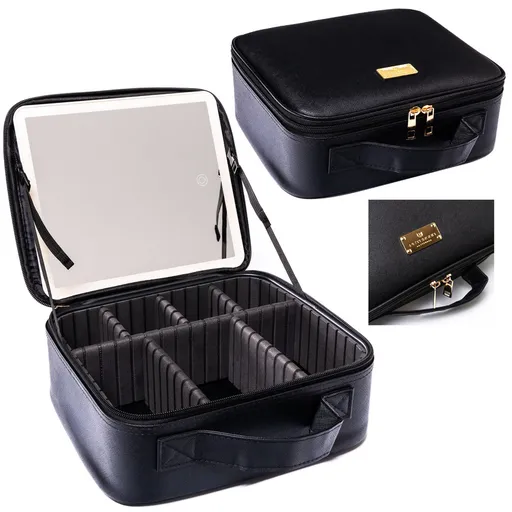 Čierna kozmetická šperkovnica z ekologickej kože so zrkadlom a LED osvetlením