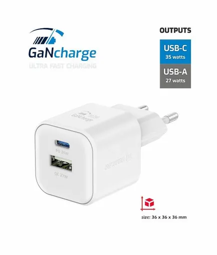 SWISSTEN SIEŤOVÝ ADAPTÉR GaN 1x USB-C 35W PD + 1x USB-A 27W QC BIELÝ