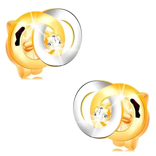 Náušnice v 14K zlate - dve prepojené obruče, číry briliant uprostred