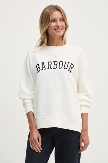 Bavlnená mikina Barbour dámska, biela farba, s nášivkou, LOL0591