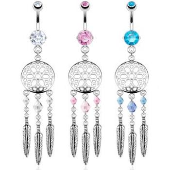 Piercing do pupka z ocele - lapač snov, farebné korálky a oceľové pierka - Farba zirkónu: Aqua modrá - Q