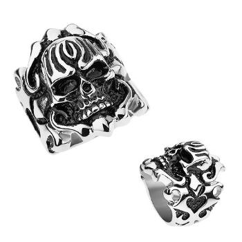 Oceľový patinovaný prsteň, vypuklá lebka, ornamenty na ramenách - Veľkosť: 67 mm
