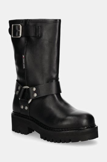 Kožené členkové topánky Tommy Jeans TJW URBAN BIKER BOOT LEATHER dámske, čierna farba, na platforme, EN0EN02728